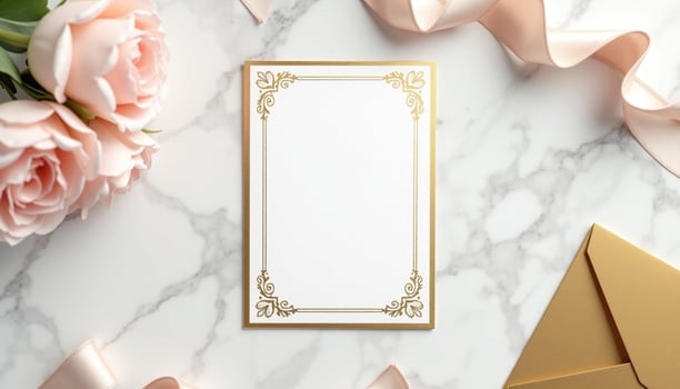 A blank card with gold ribbon and pink roses on a marble surface photo