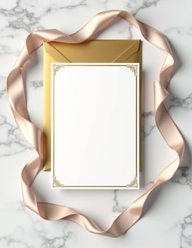 Golden envelope with a blank white paper and a gold ribbon photo