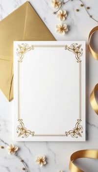 Golden frame with ribbon and gold ribbon on marble background photo