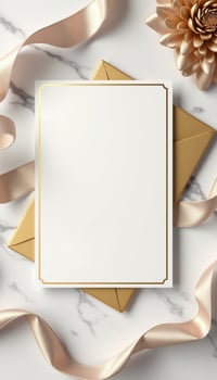 Blank card with gold ribbon and flowers on marble background photo