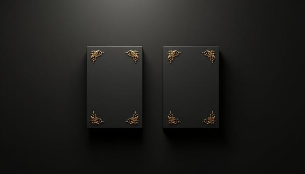 Two black boxes with gold decorations on a black background photo