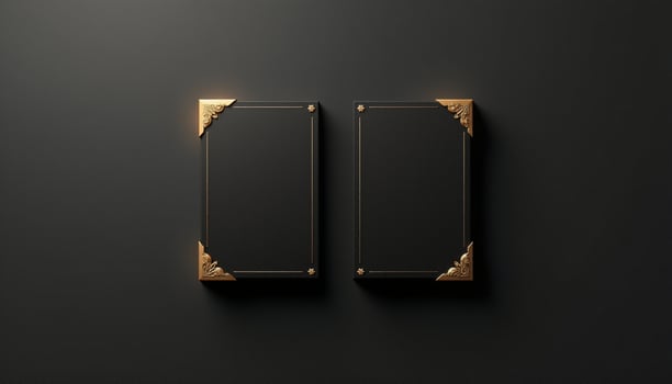Two black and gold doors on a black wall photo
