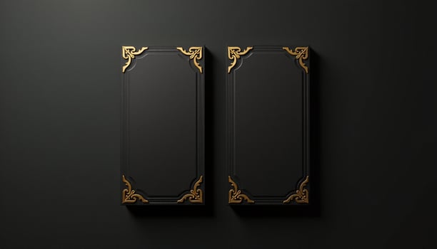 Two black and gold rectangular frames on a black background photo