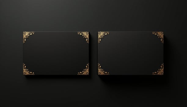 Two black square boxes with gold floral pattern on the black background photo