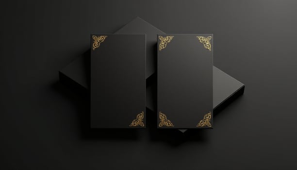 Black and gold gift box mockup with golden pattern on black background photo