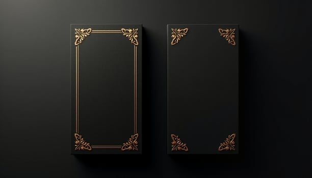 Two black boxes with gold decorative elements on the sides photo