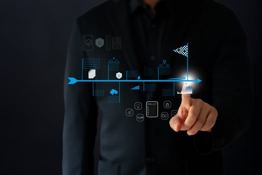 The Business man use finger point to timeline and target goal floating on screen photo
