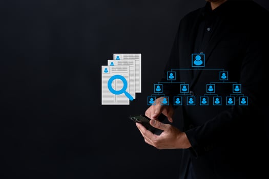 Business man work with smartphone seek data to find a new job icon are floating on screen of tablet. photo