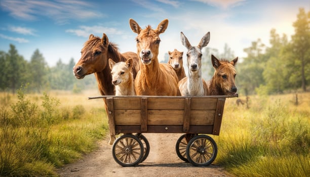 Happy Animals Riding in a Cart A Vibrant Carnival of Merriment among Wild Friends, Blending Cheerful Colors and Playful Textures in a Serene Forest Environment. photo