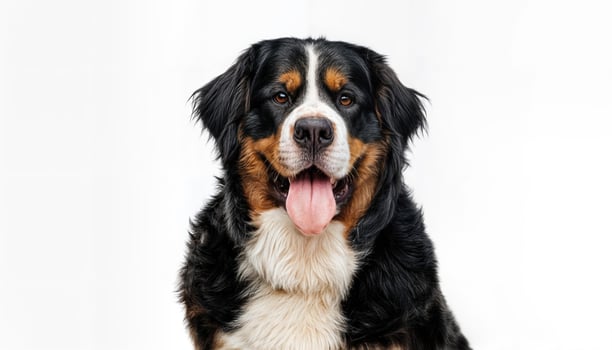 Radiant Bernese Mountain Dog Posing against a Clean White Backdrop with Playful Energy and Warm Smile photo