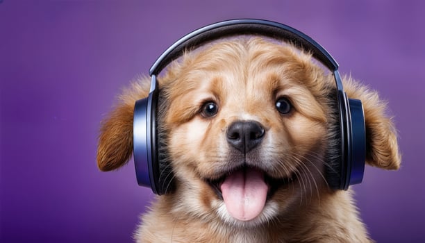 Playful Puppy in Headphones Against a Purple Backdrop, Expressing Joy and Whimsy with a Vibrant Splash of Color. photo