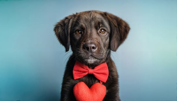 Adorable Valentine Puppy in Red Heart Bow Tie Joyful Indoor Portrait of a Stylish Canine Celebrating Loves Day photo
