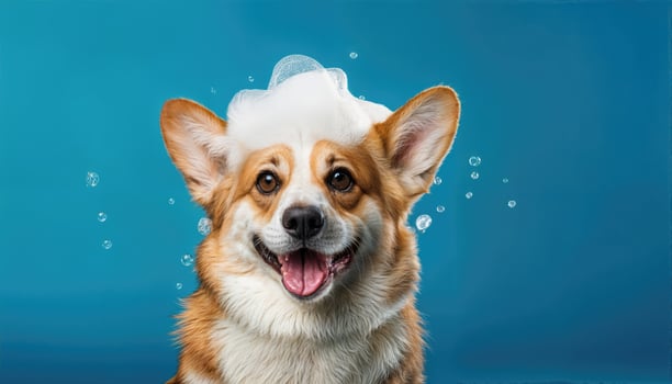 Playful Corgi Enjoying a Foamy Bath on Blue Backdrop, Radiant Spirits and Bubbly Fun in this Charming Scene. photo