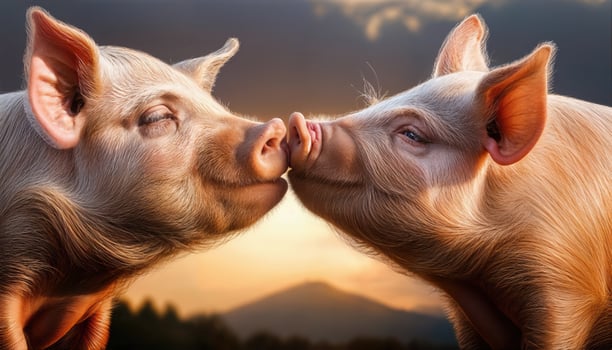Two Playful Pigs Sharing a Friendly Kiss in a Cozy Barnyard, Capturing the Whimsical Charm of an Idyllic Scene Bathed in Soft Light and Pastel Hues. photo