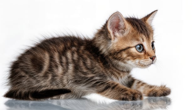 Playful Kitten Posing Sideways Against a Clean White Backdrop, Capturing its Soft Textures and Expressive Eyes in High Contrast, Perfect for Digital Art or Home Decor. photo