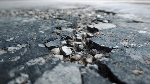 Cracked asphalt reveals underlying textures and small stones in a close up abstract view photo