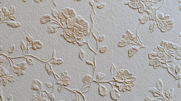 Delicate floral embossed wallpaper pattern with detailed flower and leaf relief textures and a neutral color palette photo