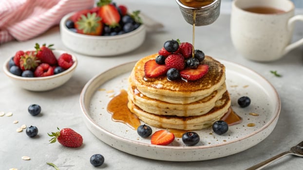 Delicious pancakes topped with fresh berries and drizzled with syrup. photo