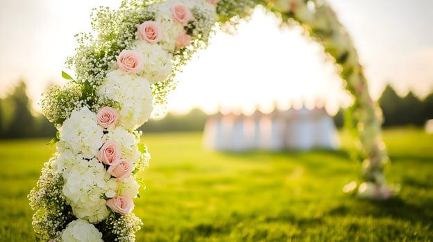 Wedding Arch Decor Peach Roses, White Hydrangeas, Baby's Breath photo