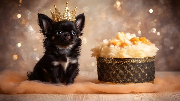 Adorable Chihuahua Puppy Wearing a Gold Crown photo