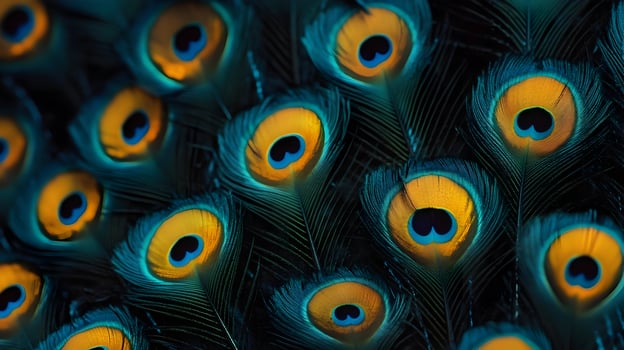 Close-up of Peacock Feathers, Teal and Gold Eyes photo