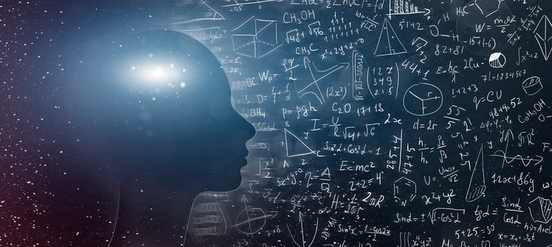Concept on scientific and philosophical topics. Silhouette of human with universe and physical, mathematical formulas, panorama, free space photo