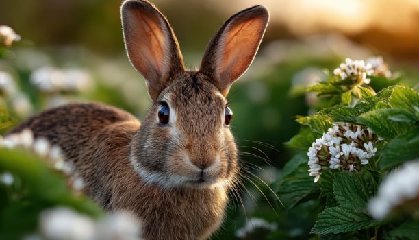 Bunny in a field of white flowers under warm sun flare nature photography outdoor scene photo