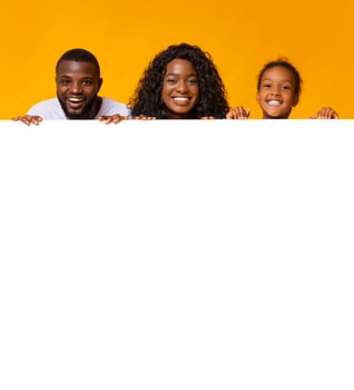 Family offer. Black parents and daughter leaning on blank white board with free space for advertisement photo