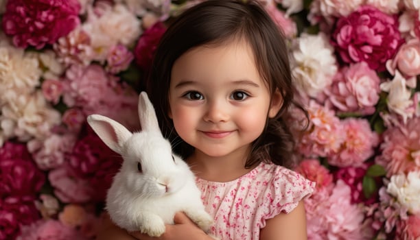 Child cuddling small white bunny among blooming flowers outdoor portrait cheerful spring photo