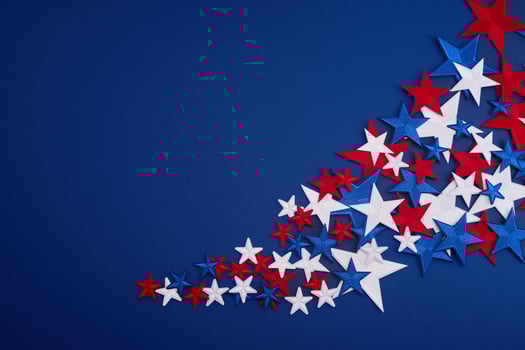 Patriotic Starburst. Scattered red, white, and blue stars photo