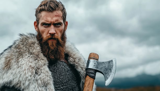 Viking warrior with axe and fur cloak standing on rocky outcrop dramatic landscape heroic perspective photo