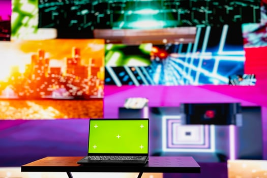 Empty scene with a pc showcasing copy space display next to artistic lights, creating a soundscape for nightlife ambiance and music culture. Spreading the visual art vibes and creativity. photo