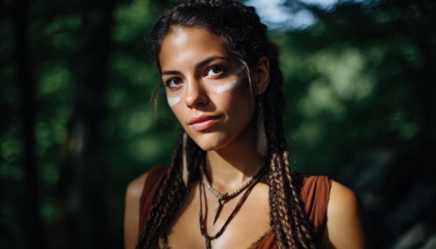 Prehistoric woman with braided hair and painted face in forest portrait photography natural light photo
