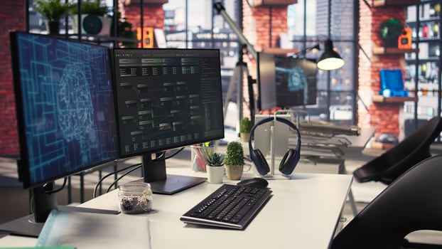 Sleek desktop workspace displays active code windows for artificial intelligence and data science. It captures the essence of innovation and development in network driven machine learning. photo