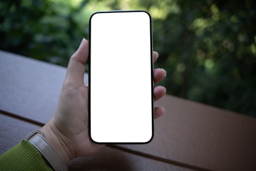 Smart phone mockup. Women hands holding cell telephone blank copy space screen smartphone blank white screen technology. photo