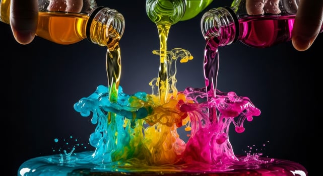 Vibrant Colorful Liquids Pouring and Mixing in Dynamic Fluid Art Against Dark Background photo