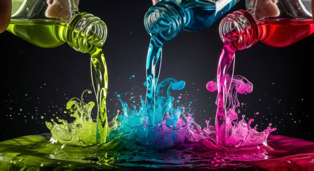 Dynamic Splash of Vibrant Green Blue and Pink Liquids Pouring from Bottles photo