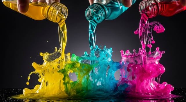 Vibrant colorful liquids pouring and splashing, creating dynamic abstract shapes and crowns photo