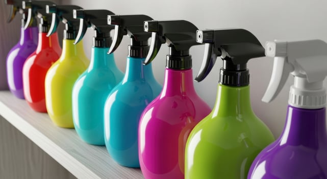 Colorful plastic spray bottles neatly lined up in a vibrant row for household cleaning photo