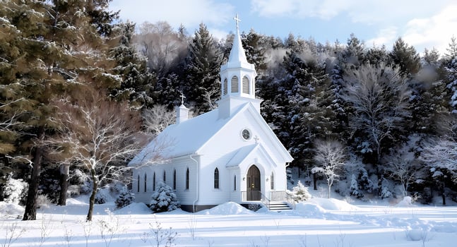 A white church is surrounded by snow photo