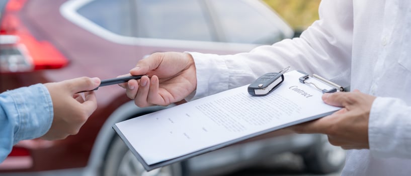 lease, rental car, sell, buy. Dealership send contract and car keys to new owner to sign. Sales, loan credit financial, rent vehicle, insurance, renting, Seller, dealer, installment. photo