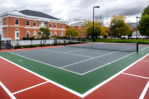 Empty tennis court stands ready for a match near college buildings photo