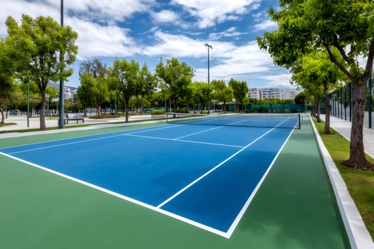 Empty tennis court stands ready for a match on sunny day photo