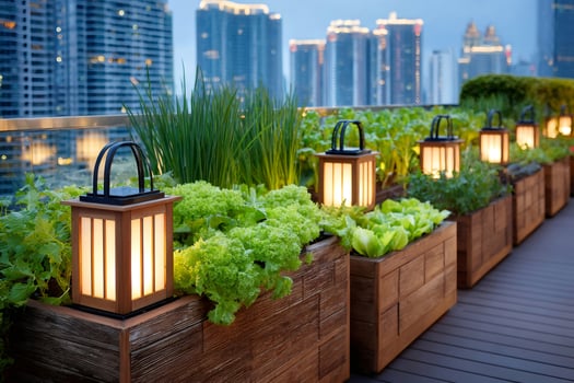 Rooftop garden with lanterns illuminating fresh vegetables and city skyline photo