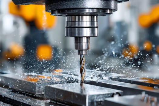Industrial milling machine drilling metal detail with coolant splashing photo