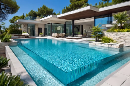 Modern luxury villa featuring a stunning infinity pool with glass walls photo