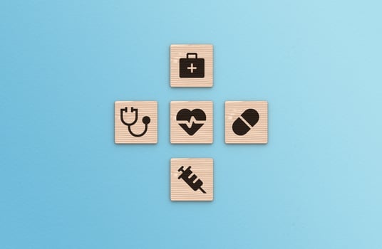 Health Insurance Concept, healthcare medical icons on blue background photo