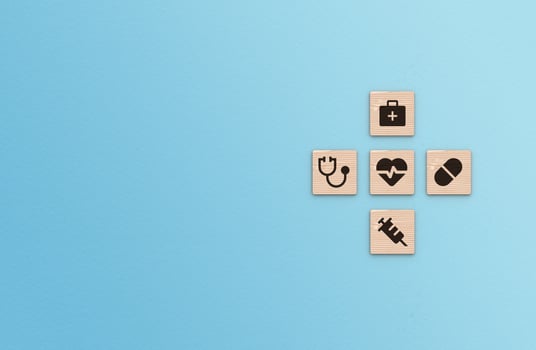 Health Insurance Concept, healthcare medical icons on blue background with copy space photo