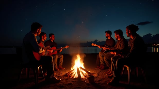 Rustic unplugged night beer scene capturing silhouetted guitars campfire glow group enjoying handcrafted ales acoustic melodies starry sky backdrop communal camaraderie in Photo S