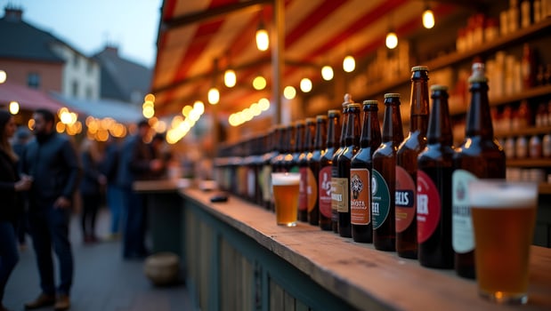Open air market beer stall display artisanal brews aligned on wooden counters under striped canopy bustling crowd sampling craft lagers seasonal harvest atmosphere twilight ambianc photo